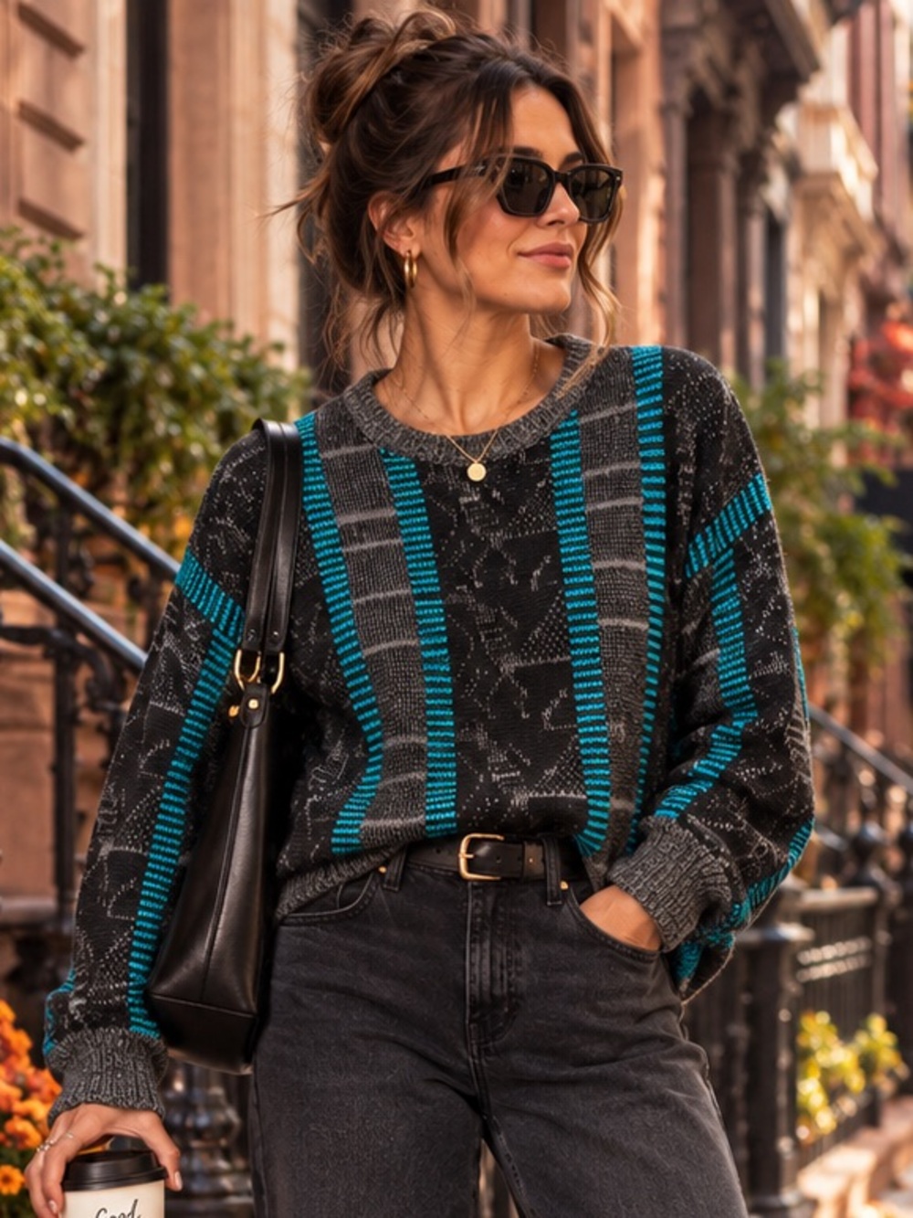 Vintage Personal Image Sweater Women’s L Black Gray Turquoise Grandpacore 80s 90